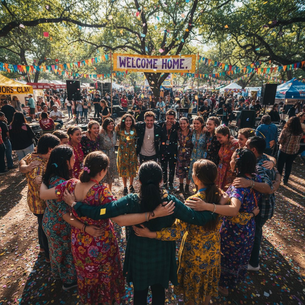 Wydarzenie społecznościowe, grupa osób przytula outsidera, energia i akceptacja