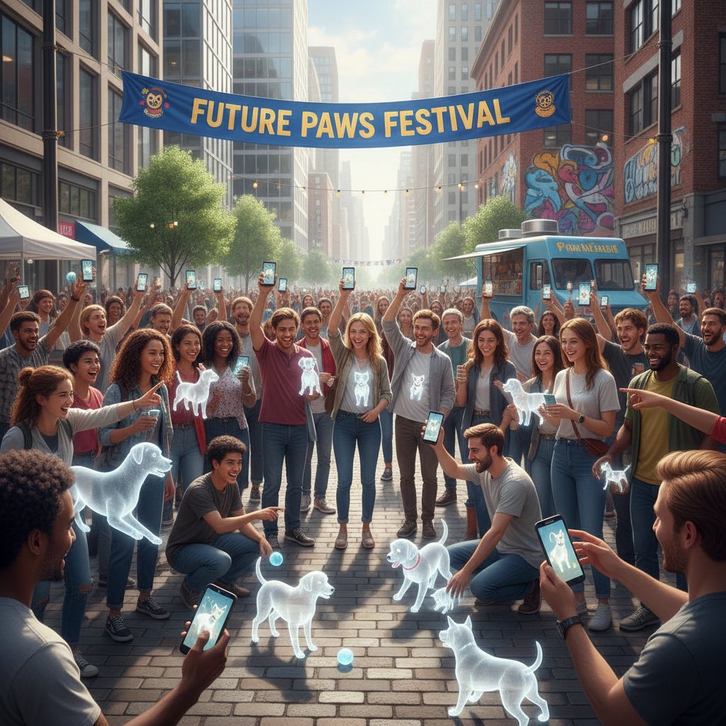 Community-Event: Menschen mit Smartphones, lachend, mit virtuellen Hunden auf dem Bildschirm