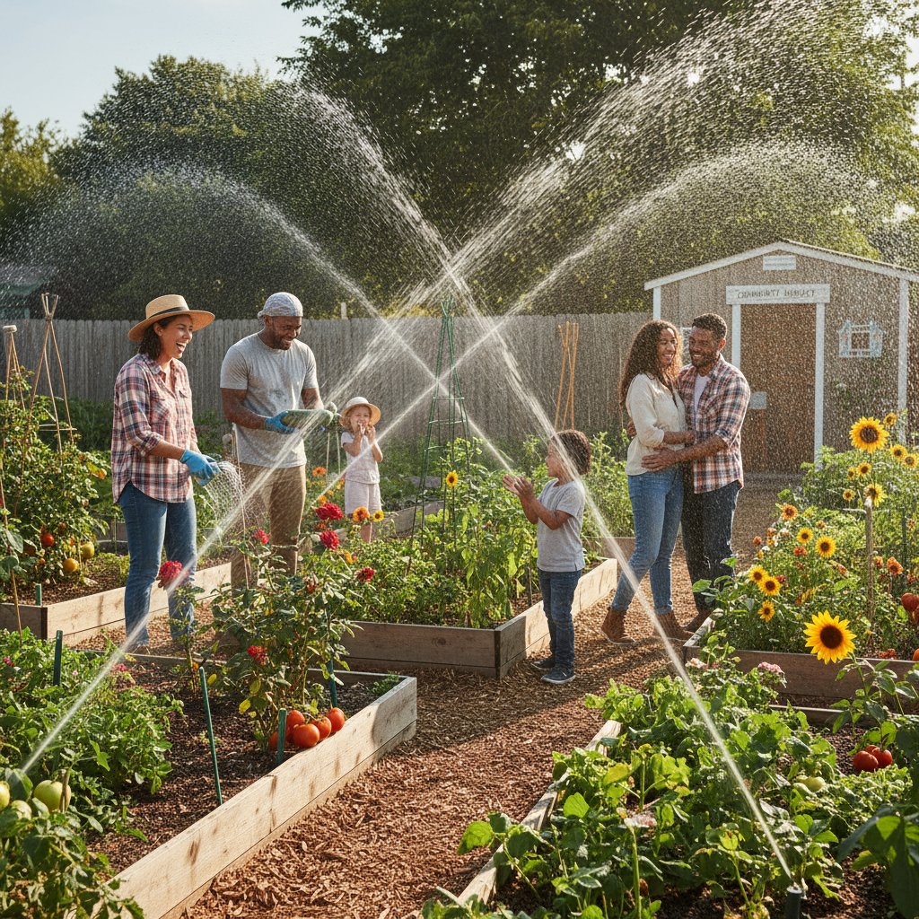 Zadowoleni ogrodnicy w miejskim ogrodzie z systemem zraszaczy, uśmiechnięte osoby, widoczne głowice zraszające