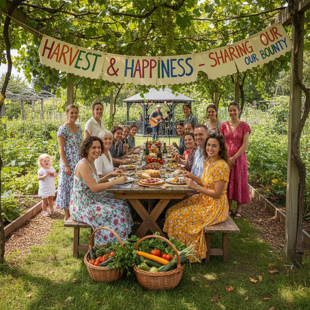 Wspólnota ogrodnicza świętuje sukcesy, ludzie dzielą się posiłkiem w ogrodzie