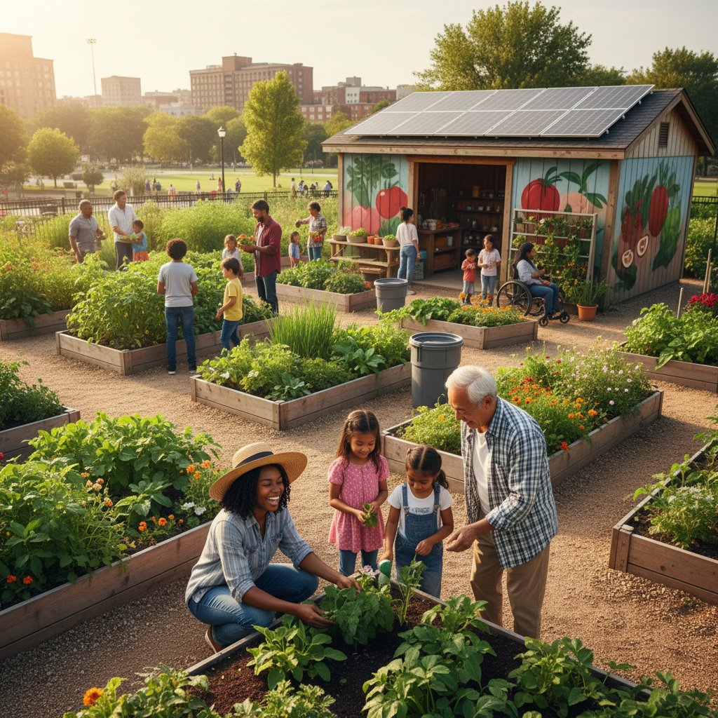 Społeczny ogród z różnorodnymi ogrodnikami, widoczne rośliny i wspólna praca
