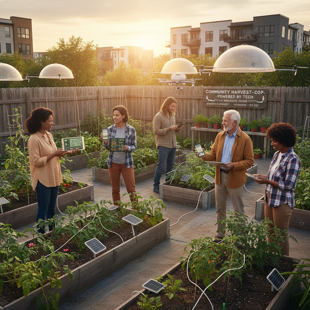 Grupa sąsiadów obsługująca wspólny ogród wyposażony w smart systemy, widoczne smartfony i czujniki