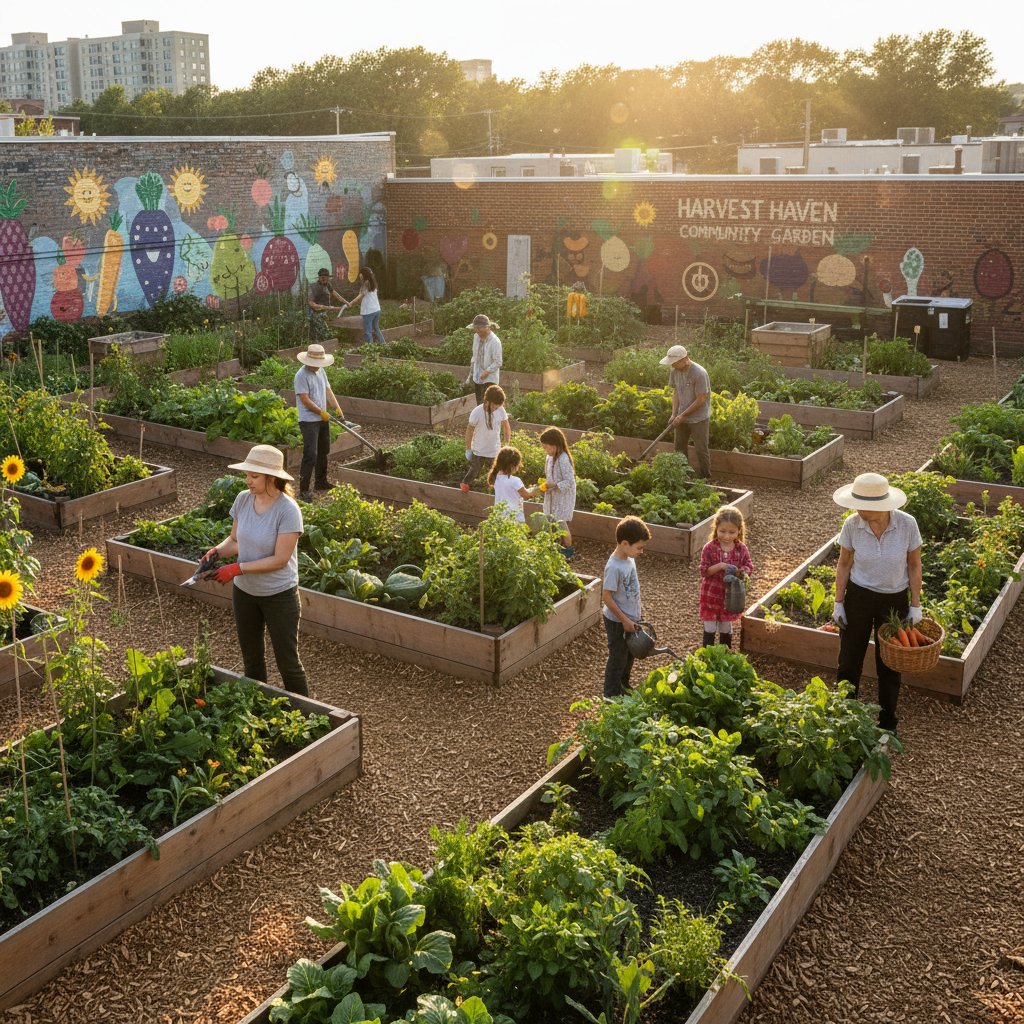Grupa ekologicznych ogrodników wspólnie pracujących na działce