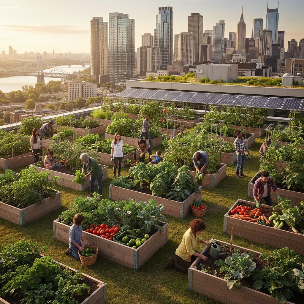 Miejski ogród społeczny z różnorodnymi warzywami na grządkach i grupą osób przy pracy