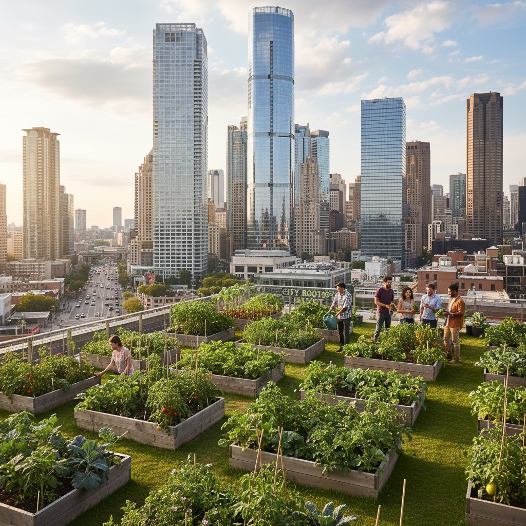 Grupa ludzi pracujących w miejskim ogrodzie społecznym, tło: wieżowce, skrzynki z warzywami
