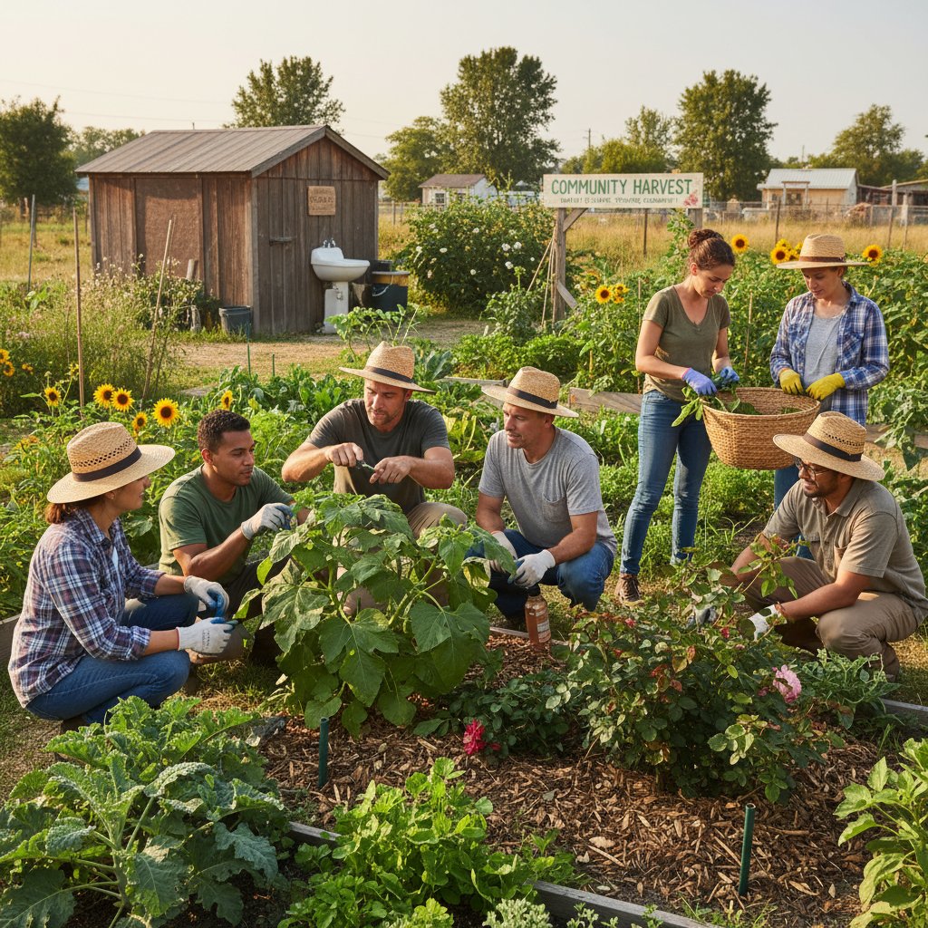 Grupa ogrodników podczas wspólnej pracy w ogrodzie, wymieniających się poradami i narzędziami