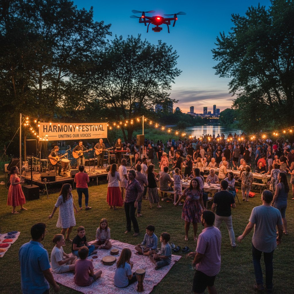 Community gathering inspired by a music documentary screening, hopeful atmosphere