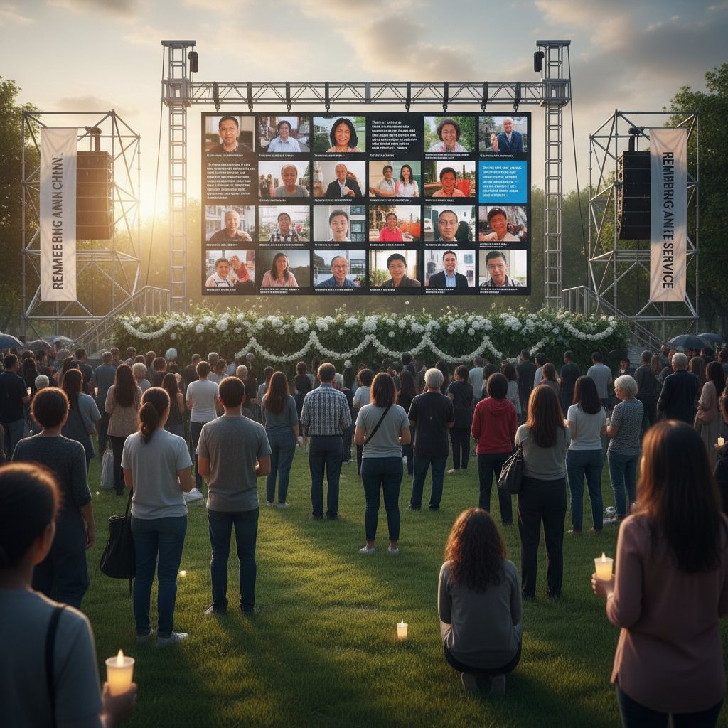 A group gathered at a local park viewing a digital memorial speech example for a community leader on a large outdoor screen