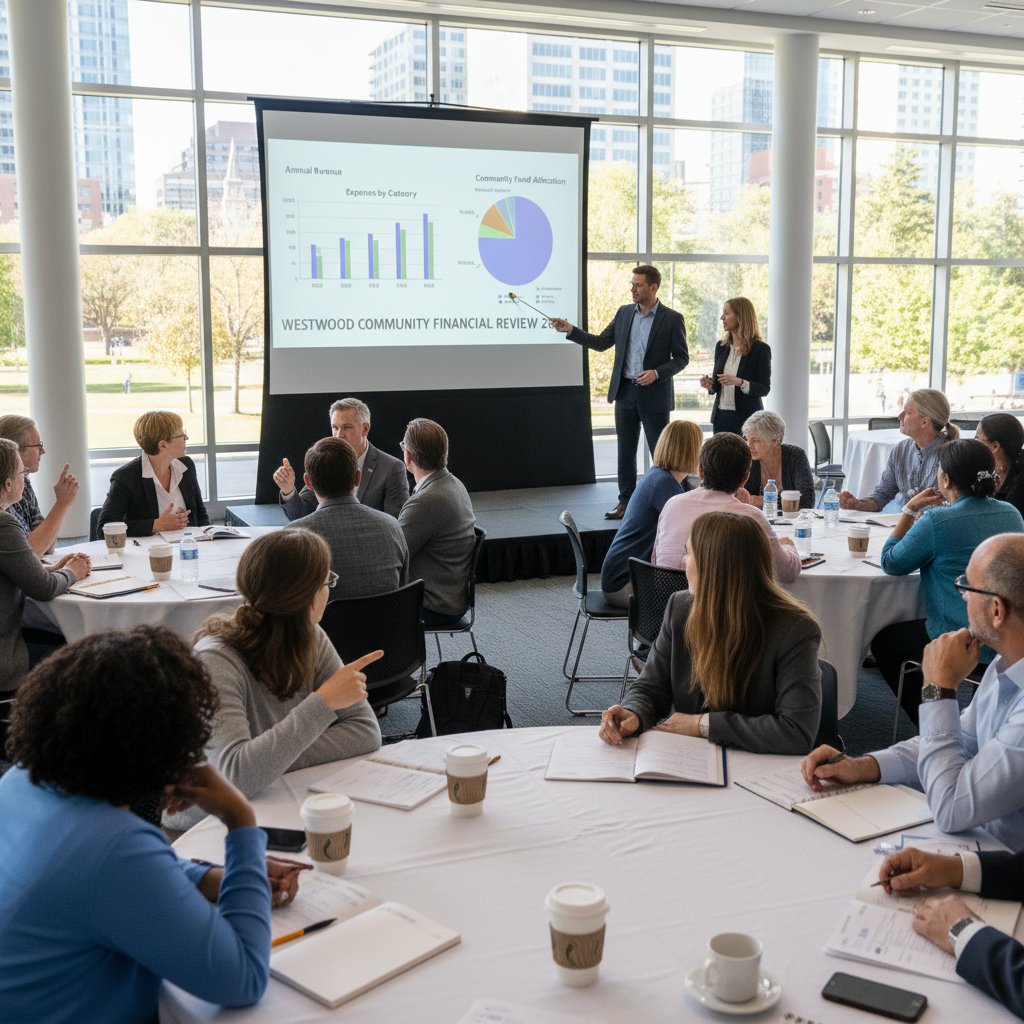 Członkowie stowarzyszenia omawiający dane finansowe na wspólnym spotkaniu