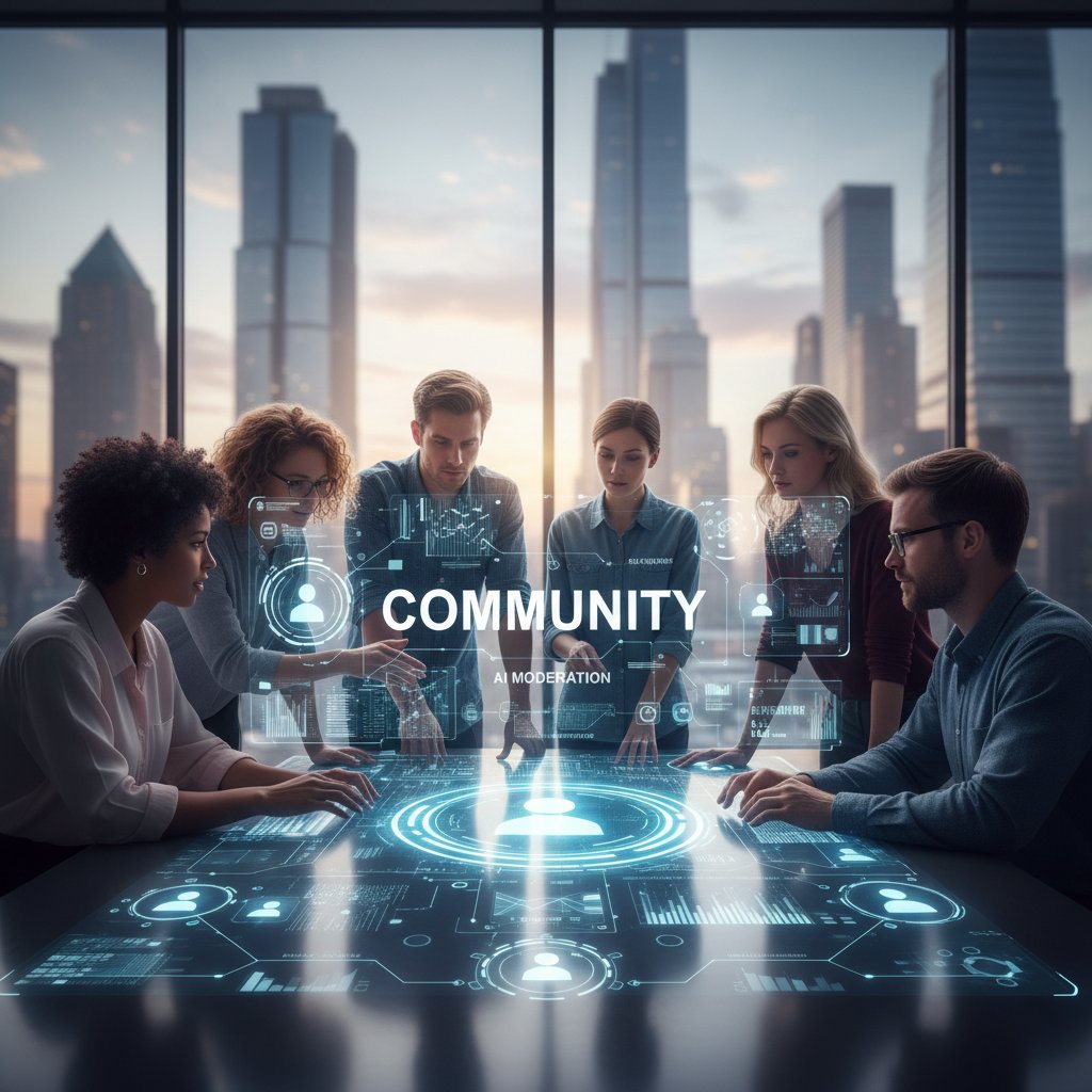 Zdjęcie zespołu moderatorów i AI podczas zarządzania społecznością online – ilustracja współpracy człowieka i maszyny