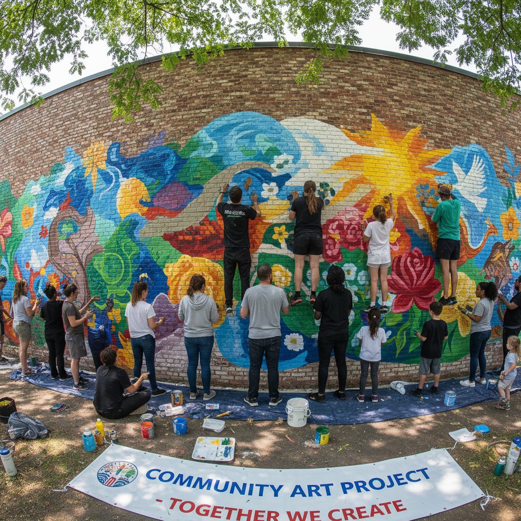 Mural społeczny jako przykład terapii kreatywnej, energia i współpraca wielu ludzi