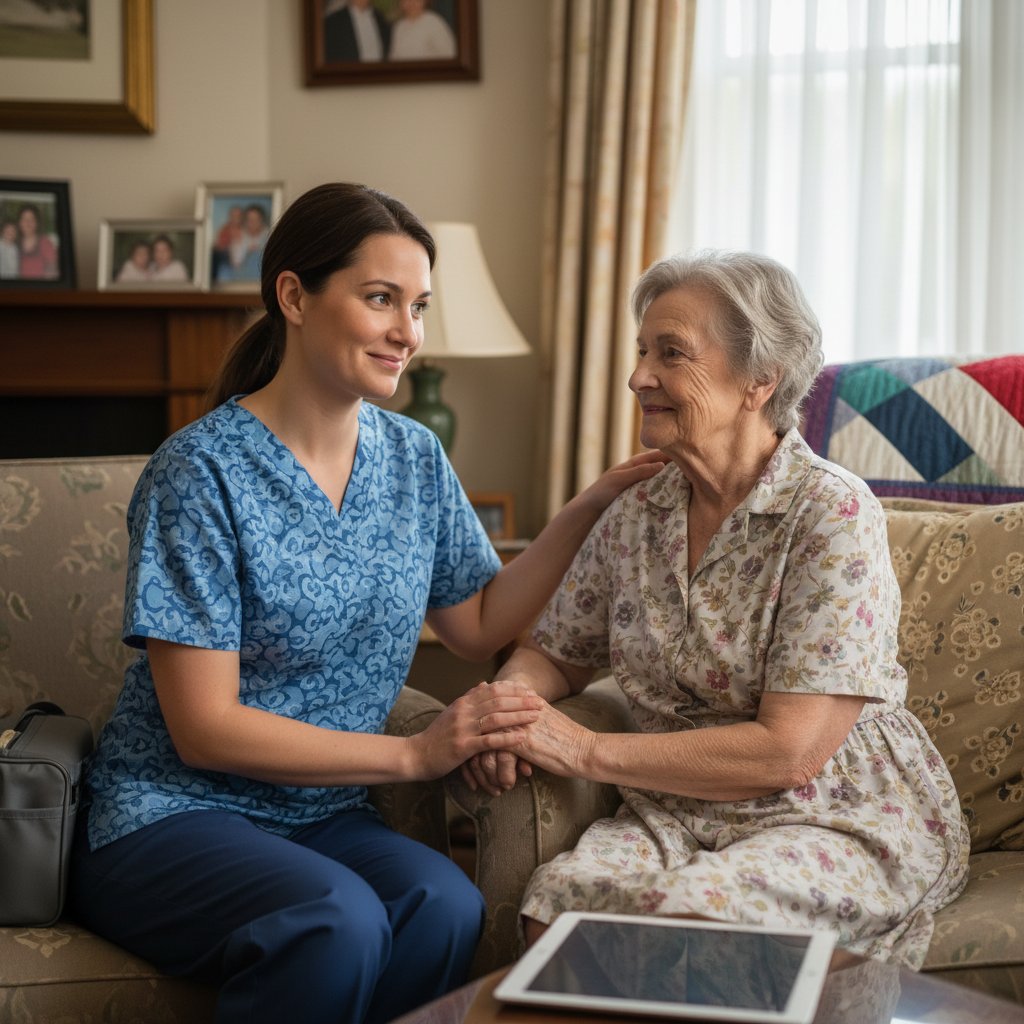 Pielęgniarka rozmawiająca z pacjentem w domu, atmosfera zaufania