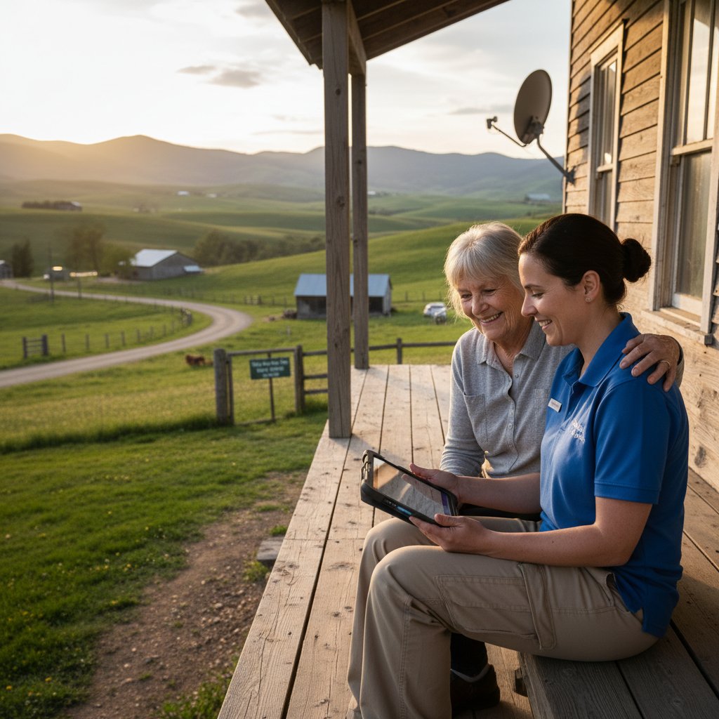 Pielęgniarka środowiskowa korzystająca z tabletu podczas wizyty domowej