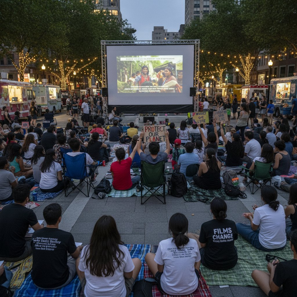 Warm, inviting photo of a community screening with engaged audience, activism movies for advocacy