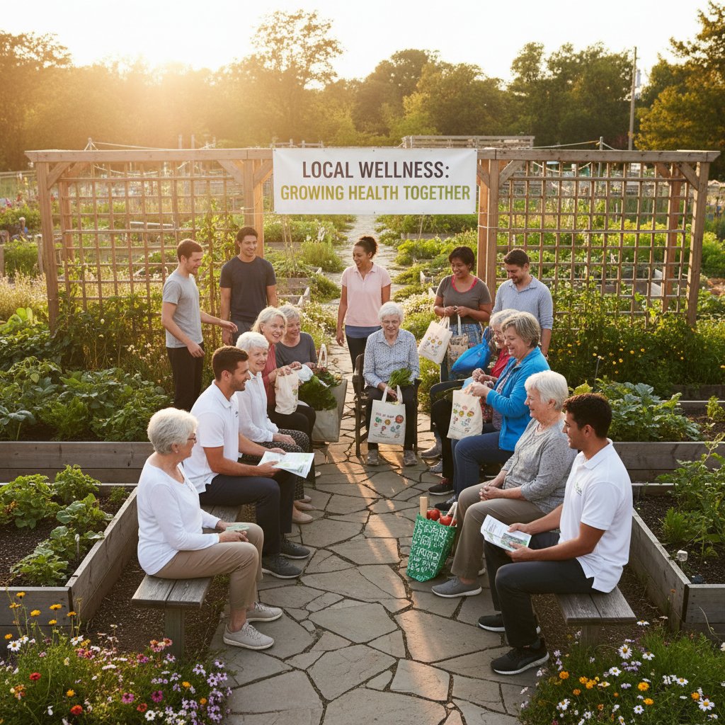 Wolontariusze pomagający osobie starszej w mieszkaniu, lokalna inicjatywa zdrowotna, wsparcie sąsiedzkie
