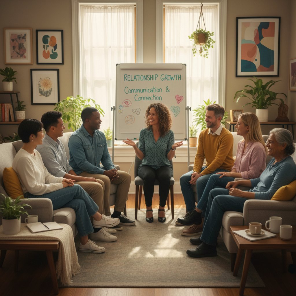 Group of couples participating in an alternative relationship support session.