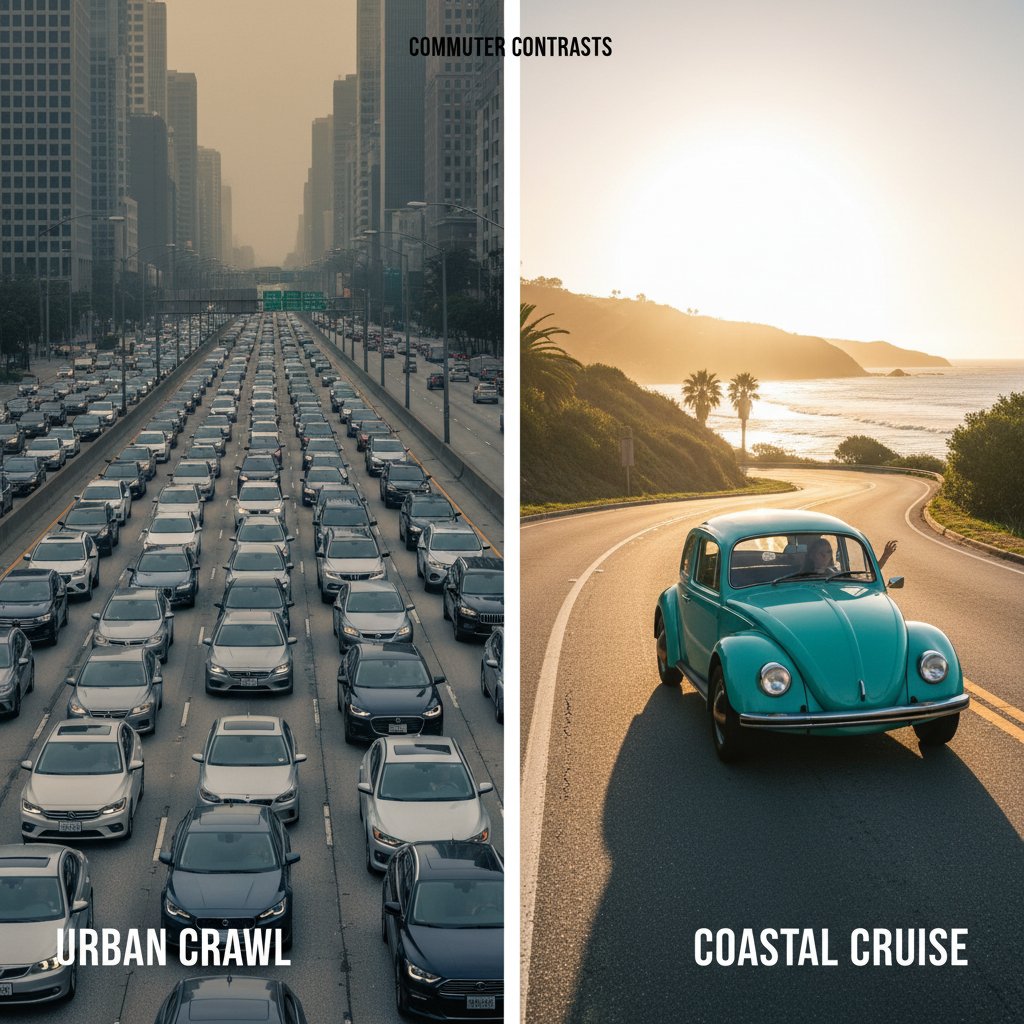 Split-screen photo: two similar commuter cars in contrasting settings, high realism, editorial