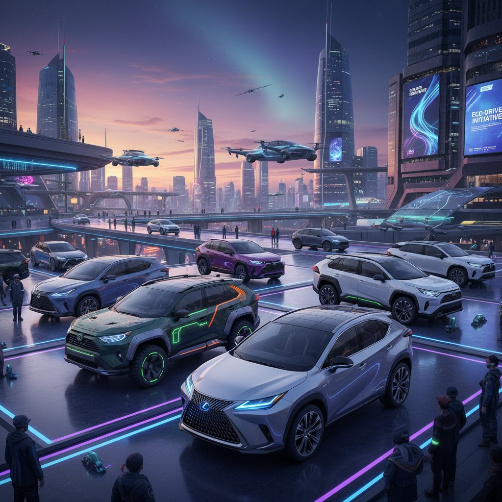 Lineup of compact hybrid SUVs in futuristic urban environment, modern competitors