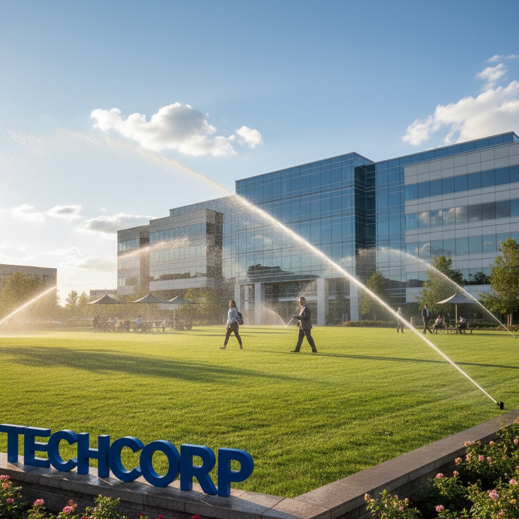 Zadbany firmowy trawnik z widocznymi zraszaczami sterowanymi automatycznie