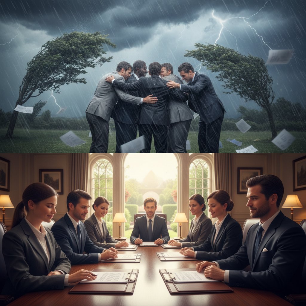 Firma działa mimo burzy na zewnątrz, pracownicy spokojnie analizują dokumenty