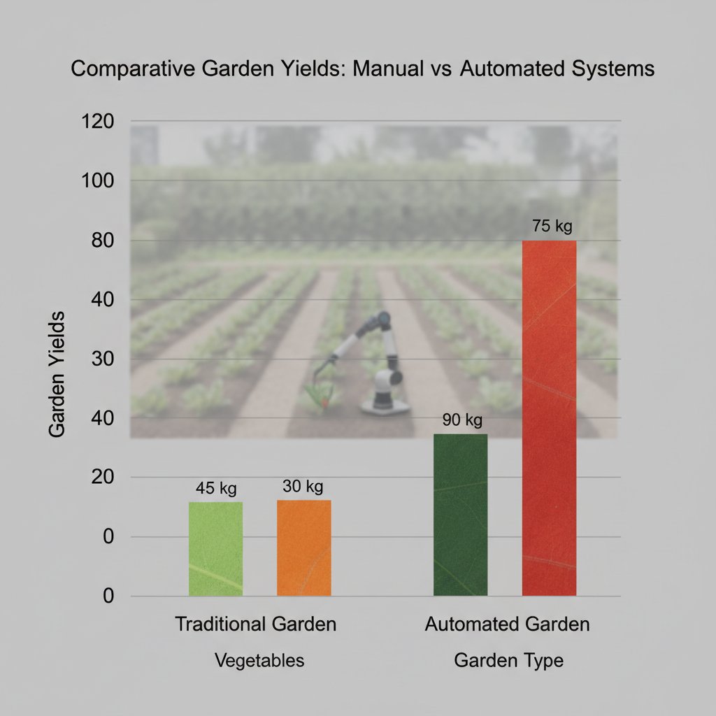 Wykres słupkowy: porównanie plonów przed i po automatyzacji, wyraźny wzrost po wprowadzeniu systemu