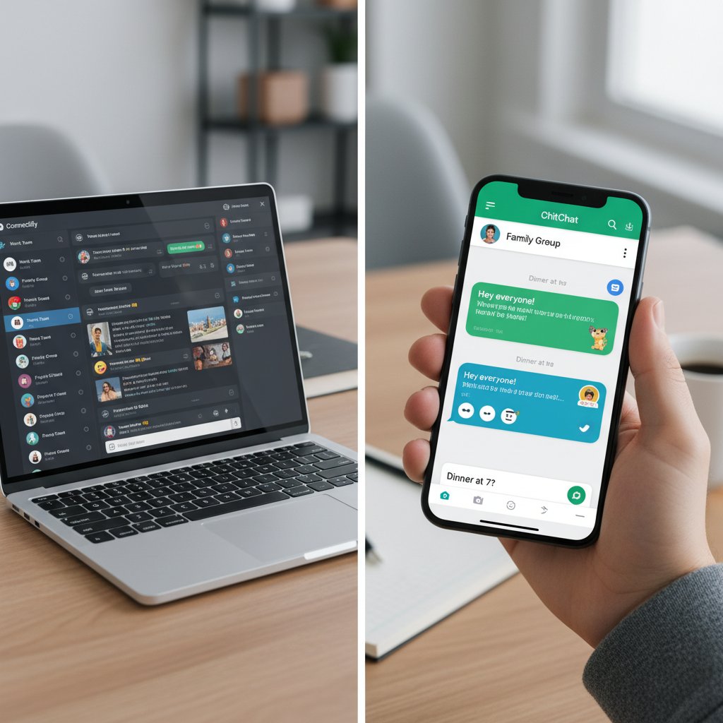 Porównanie różnych platform do rozmowy online, widoczne interfejsy na ekranach laptopów i smartfonów