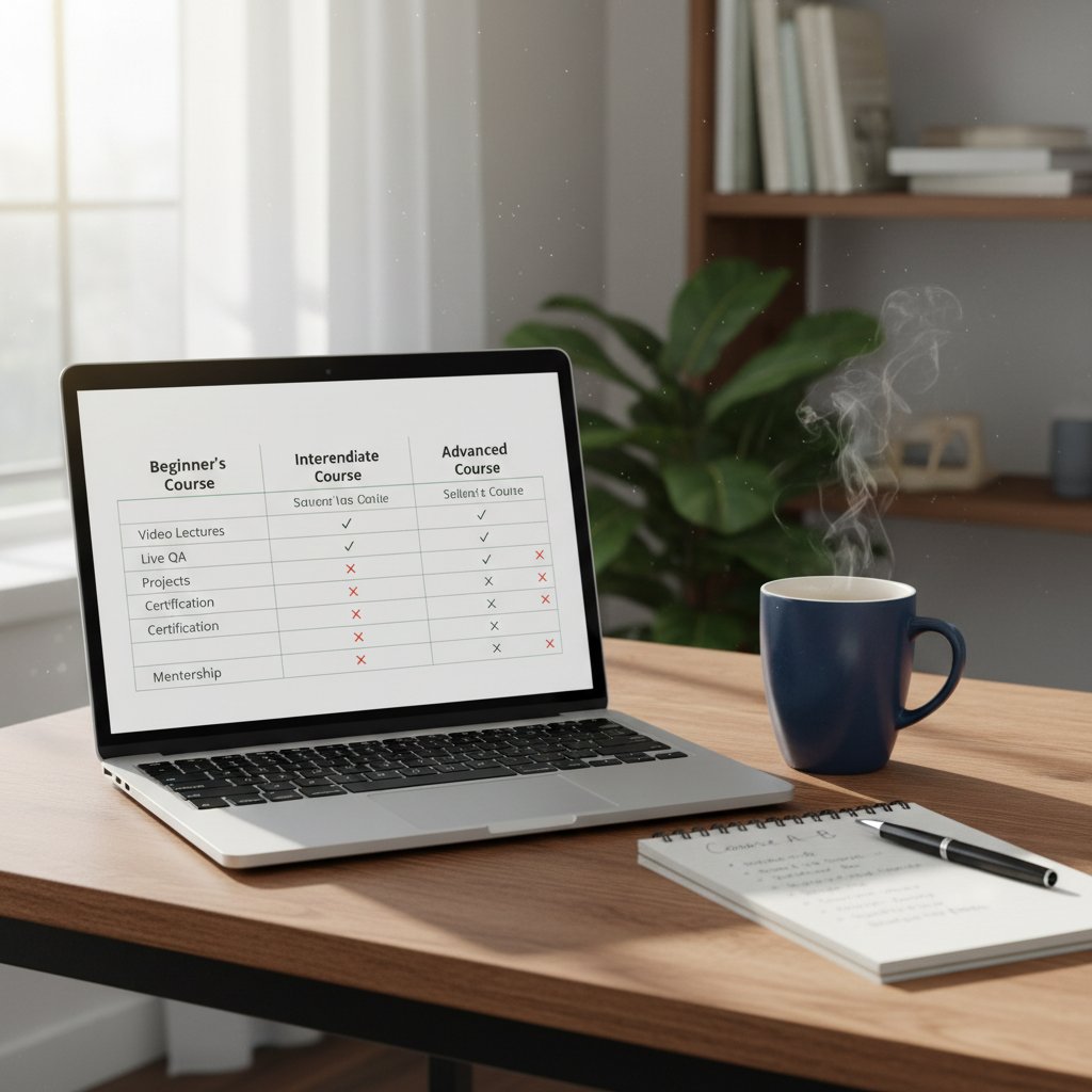 Porównywanie kursów fotografii online na laptopie, keywords: comparing-course-features--laptop--notepad--coffee-mug--daylight
