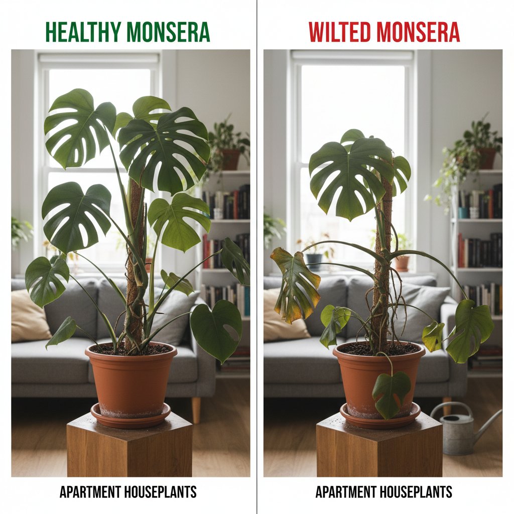 Porównanie dwóch monster, jedna zdrowa, druga zaniedbana, polskie mieszkanie