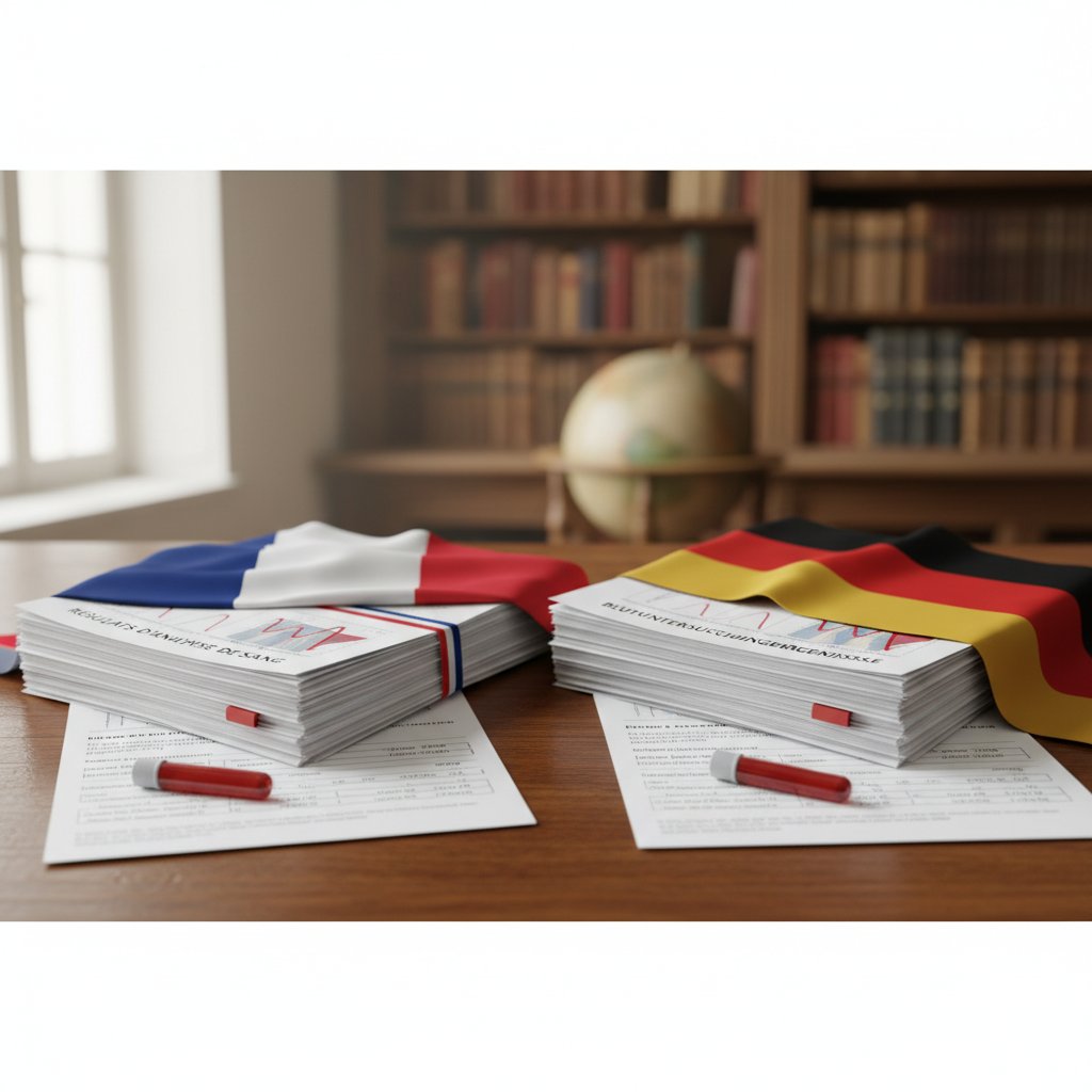 Porównanie norm HbA1c, dokumenty medyczne na stole, widoczne flagi UE/PL/USA