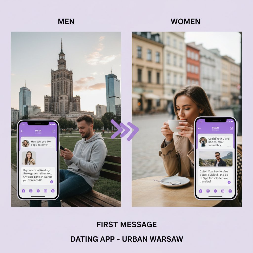 Porównanie reakcji kobiet i mężczyzn na pierwsze wiadomości randkowe, urbanistyczne tło Warszawy