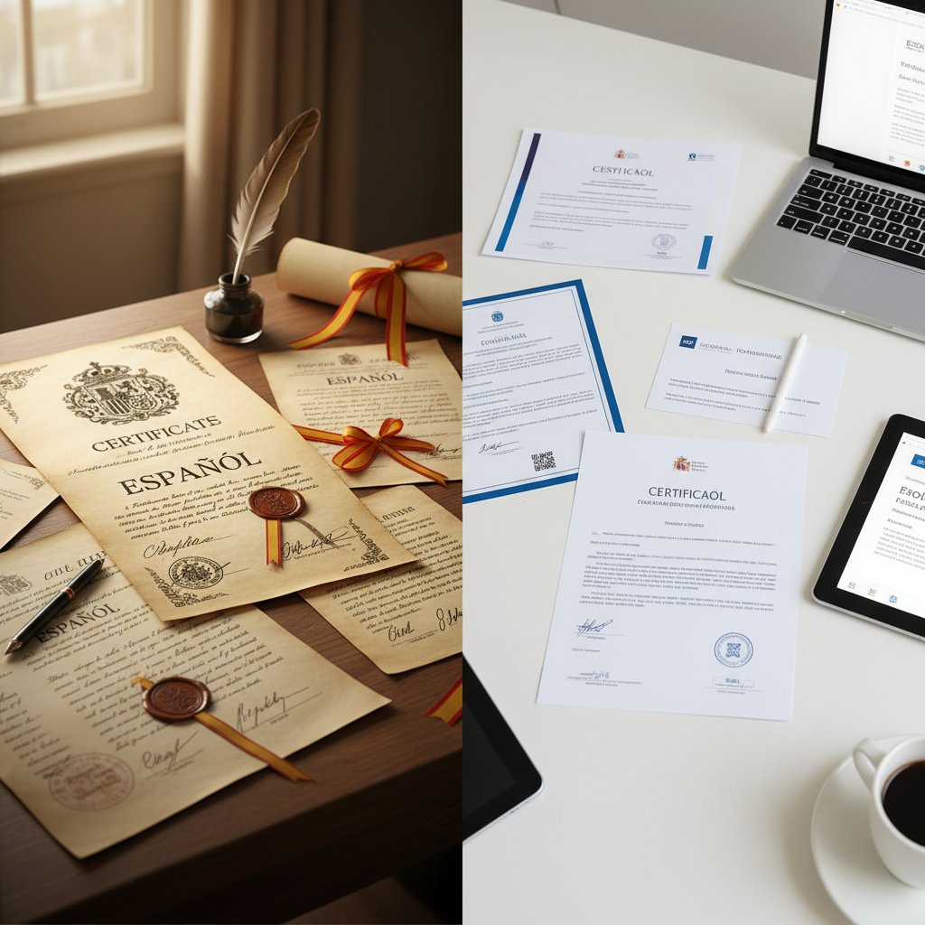 Porównanie egzaminów języka hiszpańskiego – dokumenty na biurku, intensywne światło