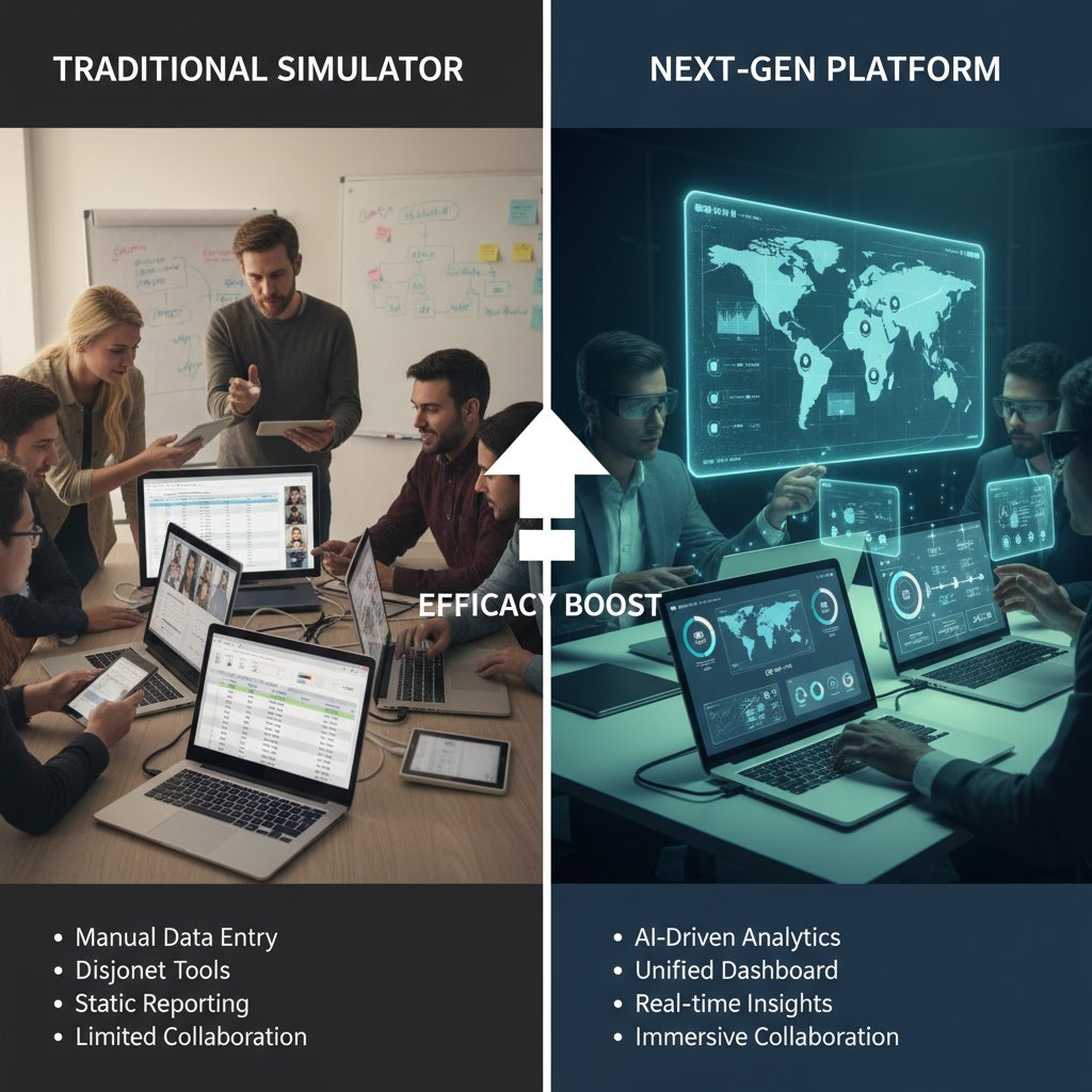 Zdjęcie porównujące różne ekrany symulatorów zarządzania zespołem na laptopach