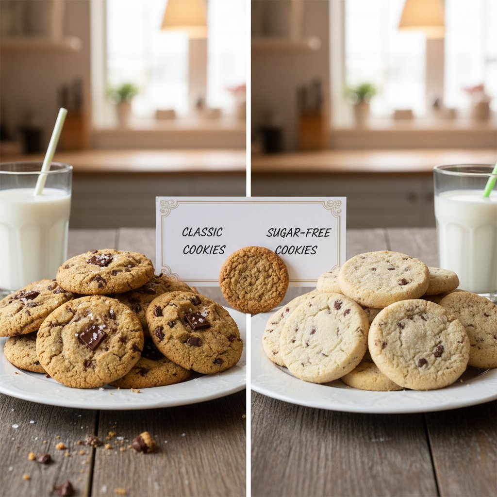 Porównanie dwóch rodzajów ciastek: klasyczne i bez cukru na jednym talerzu