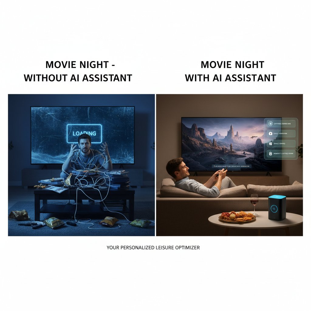 Comparison of movie night with and without AI assistant, split-screen, frustration vs. relaxed experience, personalized assistant for optimizing leisure movie time