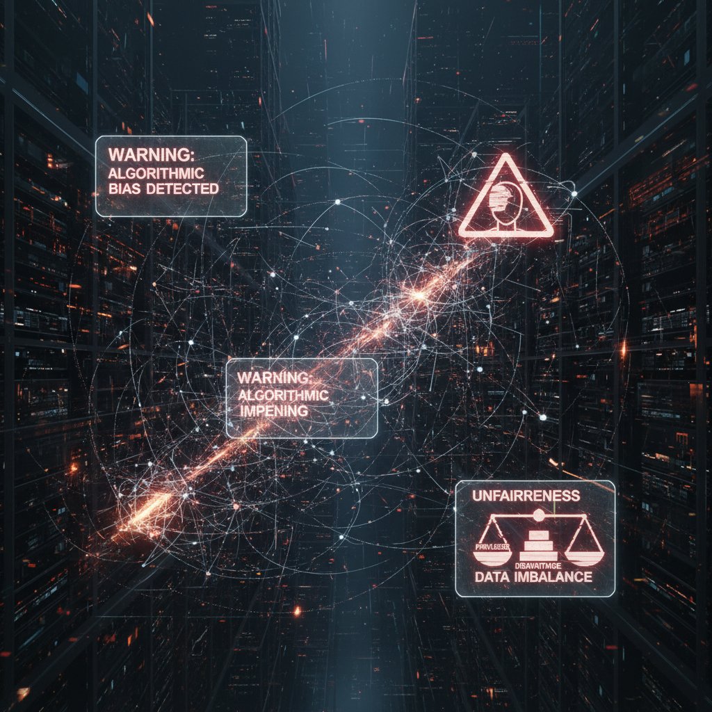 Skomplikowana sieć neuronowa z sygnałami ostrzegawczymi – metafora uprzedzeń algorytmicznych