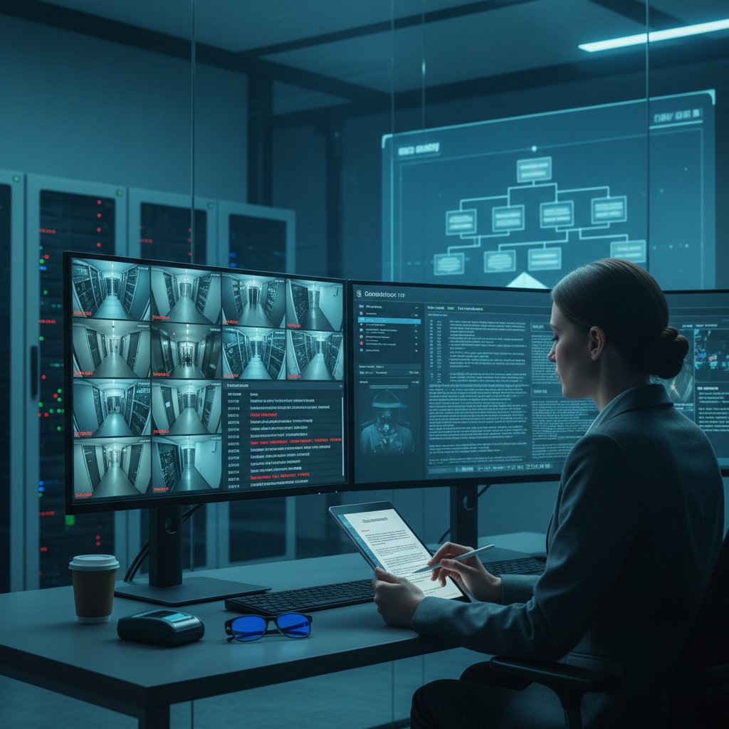 Compliance officer reviewing digital documents under surveillance cameras