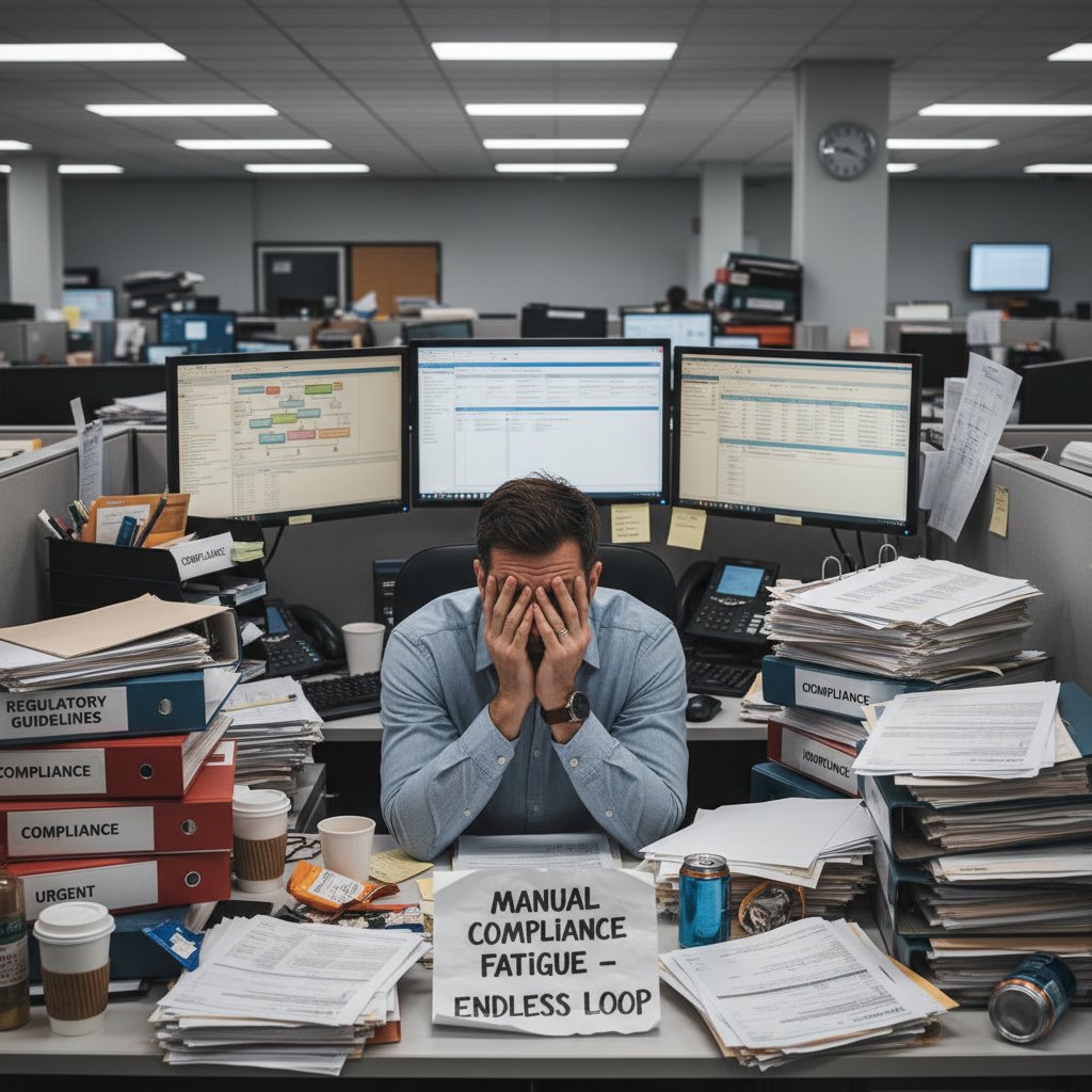 Stark photo of a compliance worker at a cluttered desk, representing fatigue from manual compliance