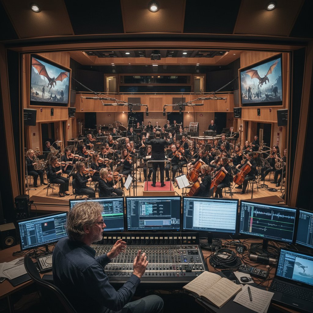 Composer working at a mixing desk surrounded by musicians in a modern recording studio, focused edgy atmosphere