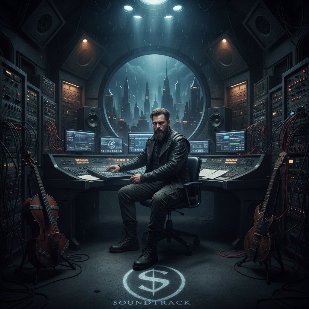 Composer at work in dark studio, dramatic lighting, scoring music for Zack Snyder movie