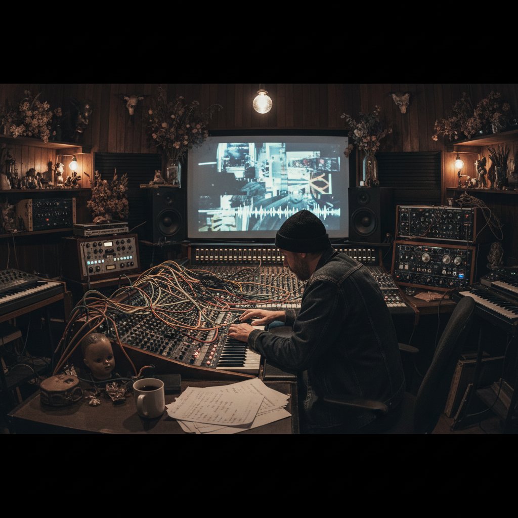 Music and sound design in Ari Aster movies, composer at mixing board with eerie lighting