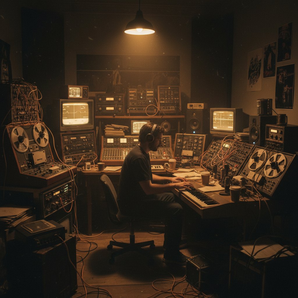 Composer in a dark studio surrounded by analog equipment and glowing screens, pure cinema audio storytelling