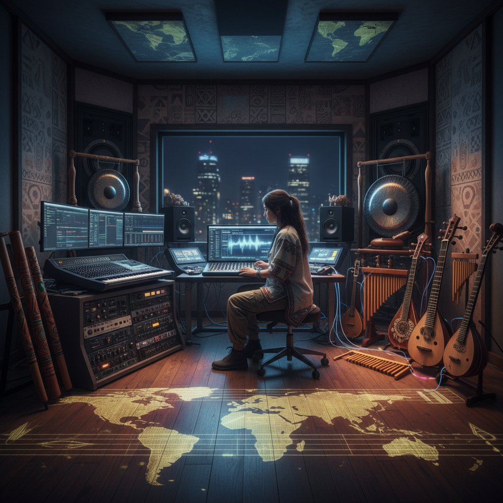 Composer merging traditional and digital instruments in a modern movie music studio, illustrating global soundtrack influences