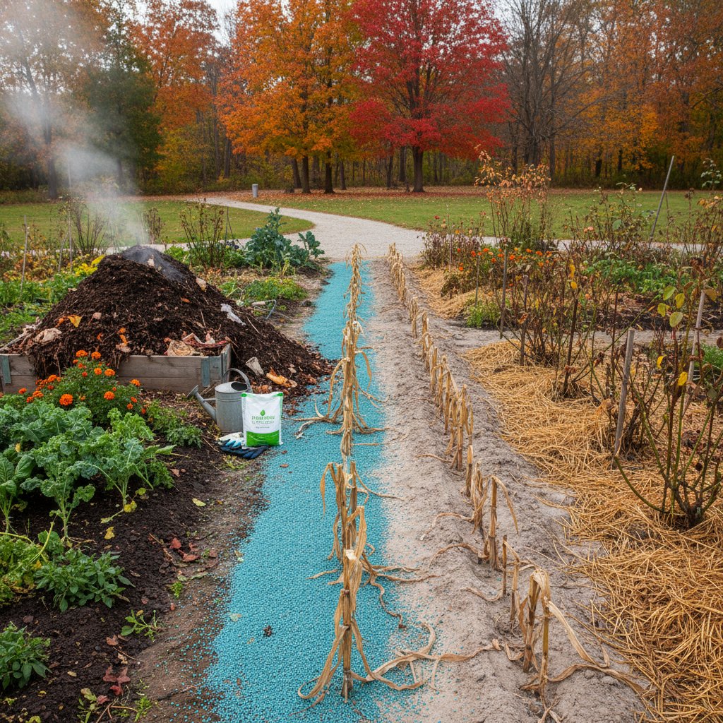 Kompostownik ogrodowy pełen rozkładających się resztek warzyw obok worka nawozu syntetycznego