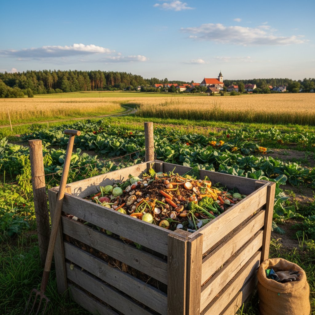 Kompostownik w ogrodzie, warzywa, resztki kuchenne, polska wieś