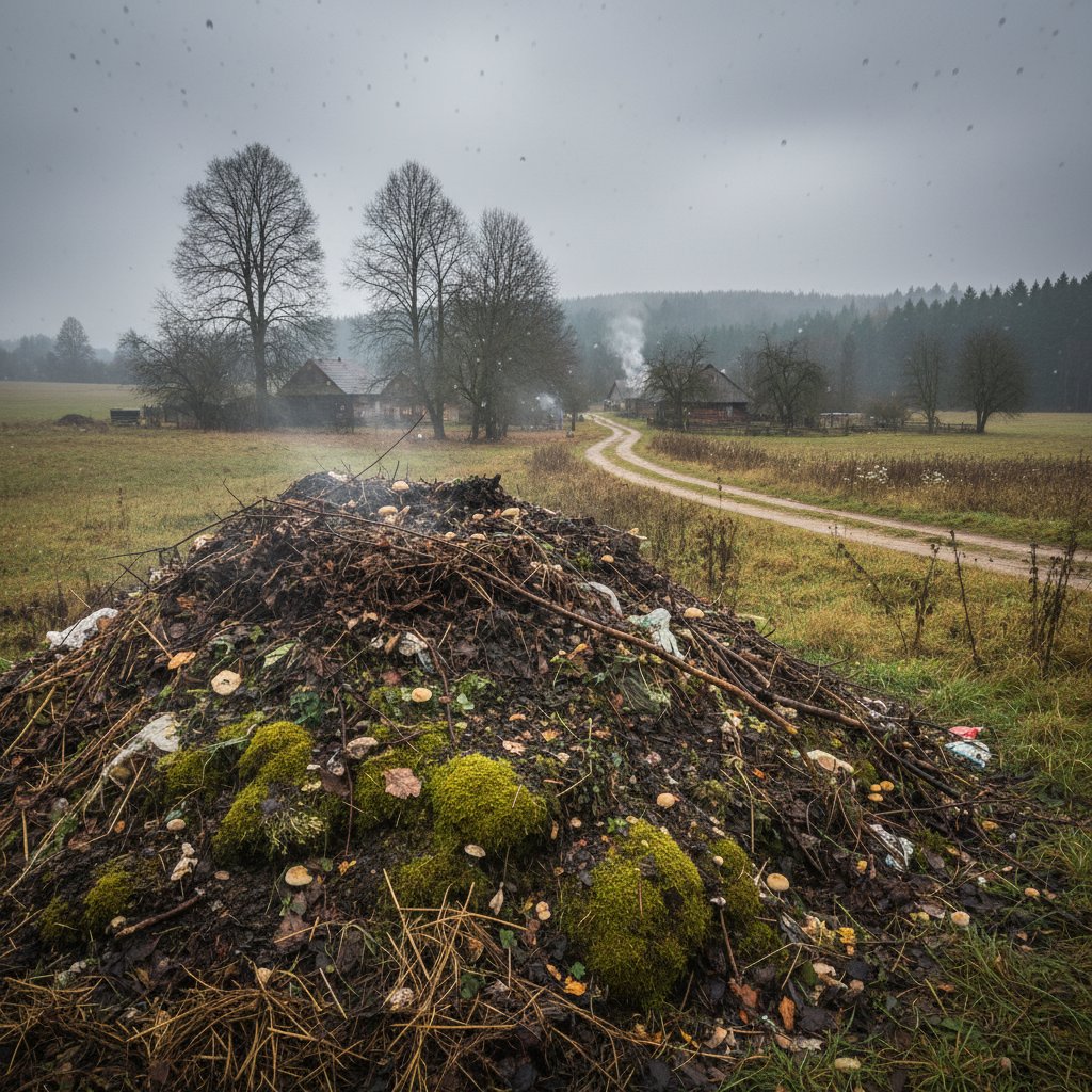 Stos kompostu na polskiej wsi pod pochmurnym niebem, symbolizujący ekologiczny bunt