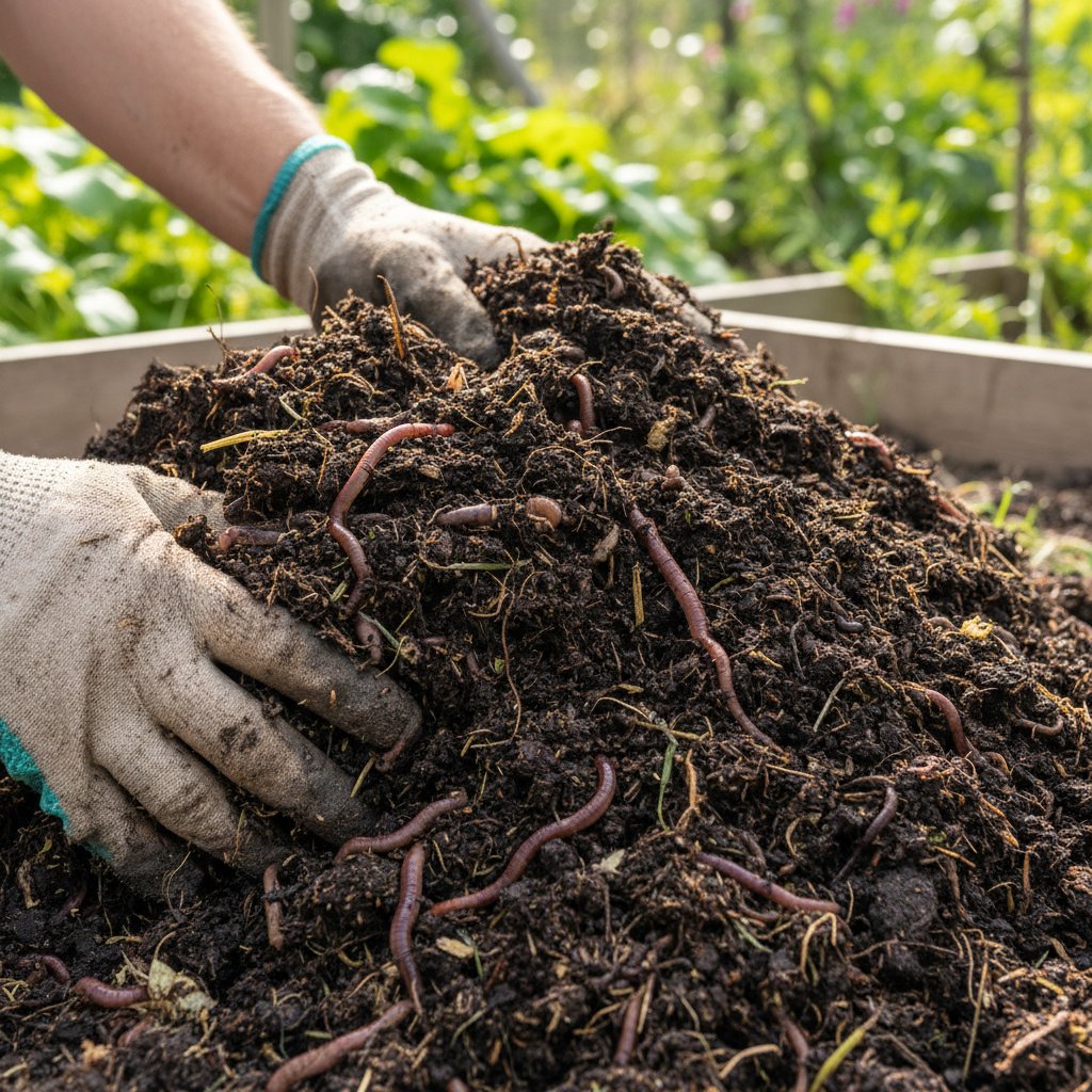 Dojrzały kompost domowy pełen życia w ogrodzie