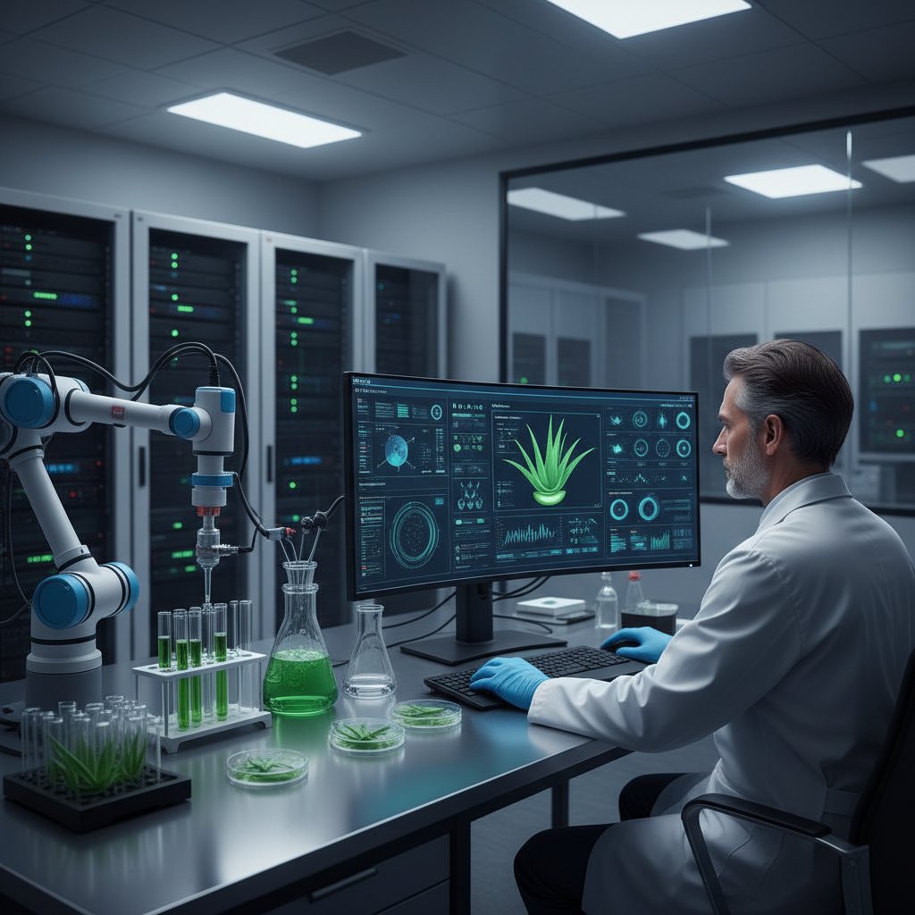 Zbliżenie na komputer z analizą składu aloesu, nowoczesne laboratorium, ekran z danymi