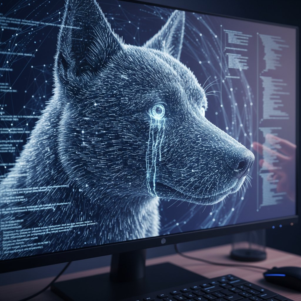 Zbliżenie na ekran komputera z realistyczną grafiką wirtualnego psa i kodem AI