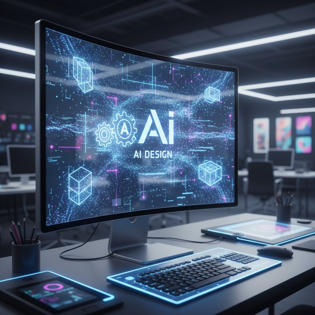 Proces działania generatora AI – komputer analizujący setki projektów graficznych