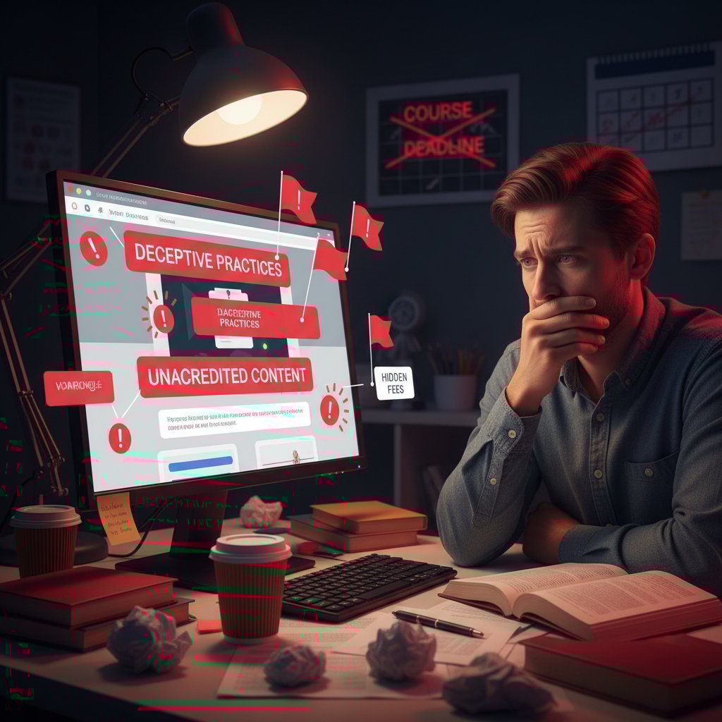Zdjęcie monitora z ostrzeżeniami, czerwone flagi na ekranie, osoba zaniepokojona podczas wyboru kursu online